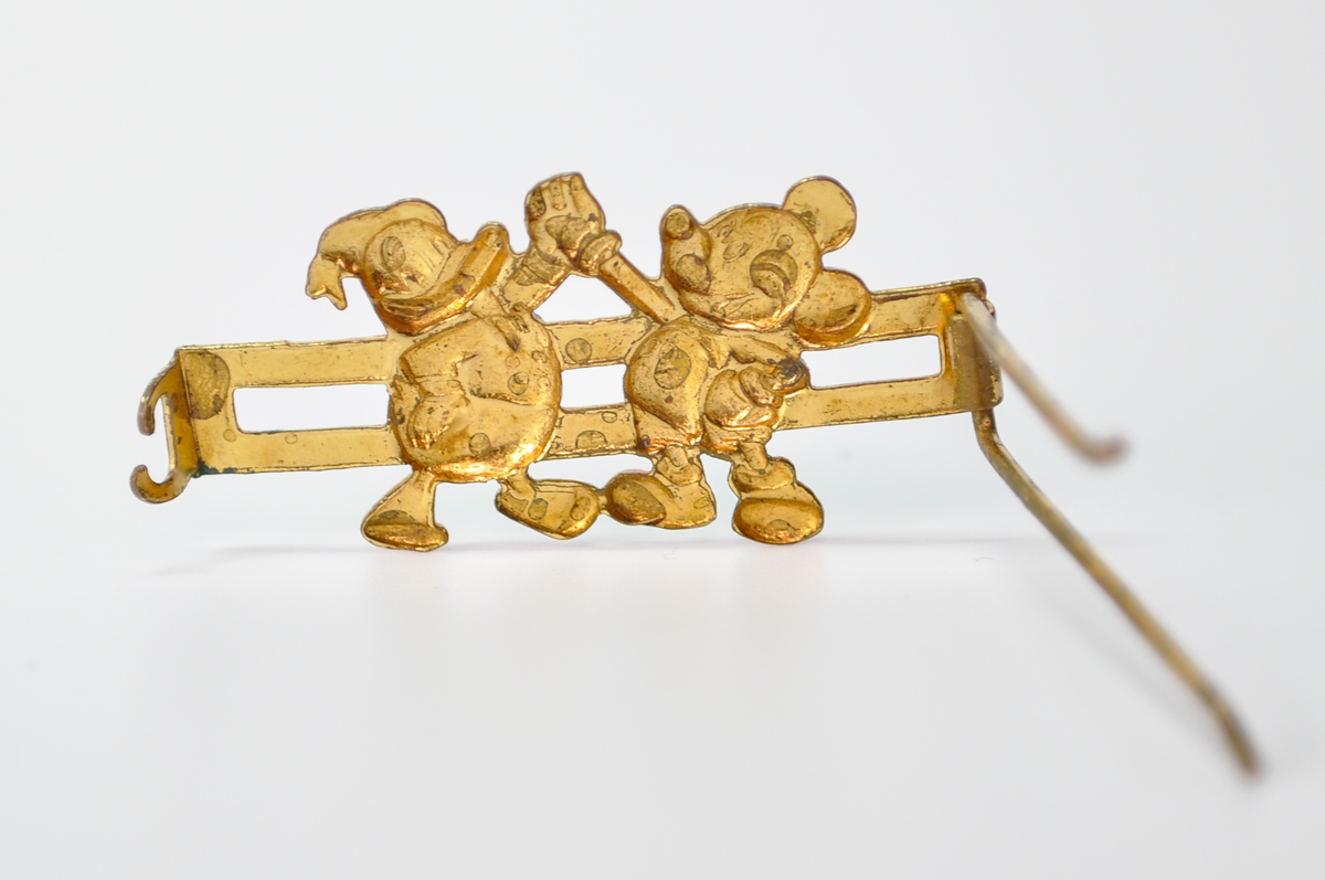 Vintage Disney Gold Tone Mickey Mouse Donald Duck Painted Barrette Hair Clip - Rare Disney Accessory - 1950s Disney High Five Hair Clip