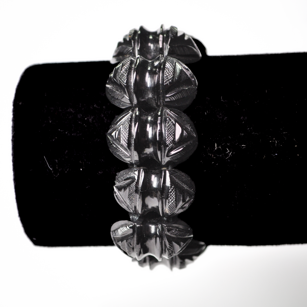 Antique 1880s Genuine Whitby Jet Hand Carved Stretch Bracelet - Complete Carved Jet Bracelet - RARE Victorian Jet Black Mourning Bracelet