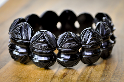 Antique 1880s Genuine Whitby Jet Hand Carved Stretch Bracelet - Complete Carved Jet Bracelet - RARE Victorian Jet Black Mourning Bracelet