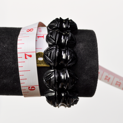 Antique 1880s Genuine Whitby Jet Hand Carved Stretch Bracelet - Complete Carved Jet Bracelet - RARE Victorian Jet Black Mourning Bracelet