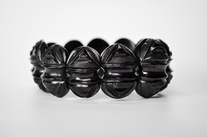 Antique 1880s Genuine Whitby Jet Hand Carved Stretch Bracelet - Complete Carved Jet Bracelet - RARE Victorian Jet Black Mourning Bracelet