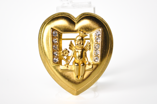 Vintage Trifari Gold-tone Heart Cherub Window Rhinestone Brooch - 1990s Trifari Signed Heart Cherub Brooch Pin