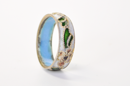 Vintage Chinese Cloisonné White Floral Ring - Size 5.75 - Genuine Cloisonne Enamel Inlay Flower Dainty Band Ring