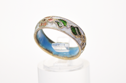 Vintage Chinese Cloisonné White Floral Ring - Size 5.75 - Genuine Cloisonne Enamel Inlay Flower Dainty Band Ring