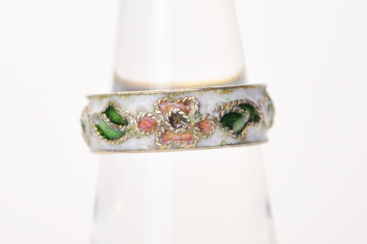 Vintage Chinese Cloisonné White Floral Ring - Size 5.75 - Genuine Cloisonne Enamel Inlay Flower Dainty Band Ring