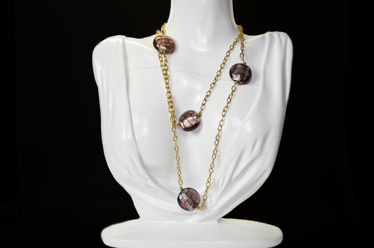 Vintage Gold Plated Sterling Silver Murano Purple Foil Glass Beads Necklace - Stamped 925 Sterling Silver Gold Venetian Glass Necklace