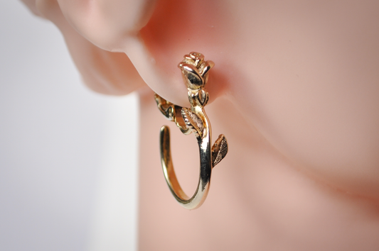 Vintage Avon Goldtone Longstem Rose Flower Hoop Clip-On Earrings - 1980s Avon Rose Stem Hoop Earrings