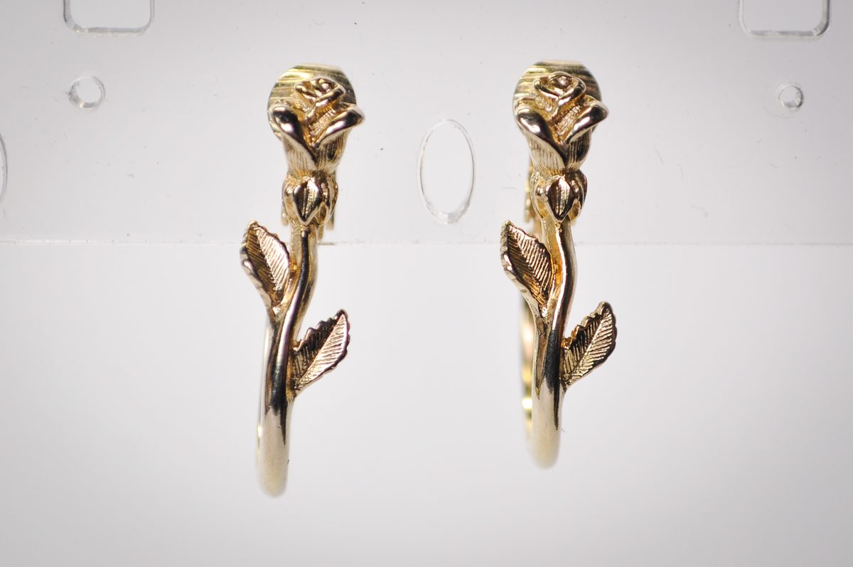 Vintage Avon Goldtone Longstem Rose Flower Hoop Clip-On Earrings - 1980s Avon Rose Stem Hoop Earrings