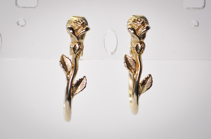 Vintage Avon Goldtone Longstem Rose Flower Hoop Clip-On Earrings - 1980s Avon Rose Stem Hoop Earrings