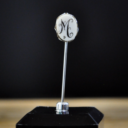 Vintage Sterling Silver White Ivory "M" Initial Etched Hat Stick Pin - Cursive Initial Pin - Sterling 925 White Monogram "M" Hat Stick Pin