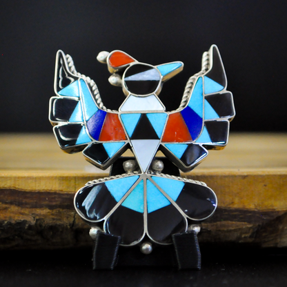 Zuni Artist Signed Sterling Silver Thunderbird Multistone Inlay Pendant Pin - Delwin Groser - Intricate Native Zuni Artist Pendant Brooch