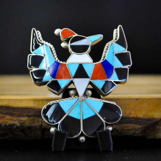 Zuni Artist Signed Sterling Silver Thunderbird Multistone Inlay Pendant Pin - Delwin Groser - Intricate Native Zuni Artist Pendant Brooch