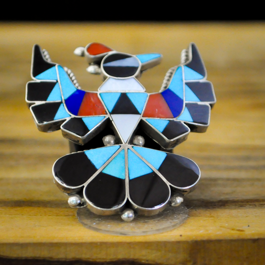 Zuni Artist Signed Sterling Silver Thunderbird Multistone Inlay Pendant Pin - Delwin Groser - Intricate Native Zuni Artist Pendant Brooch