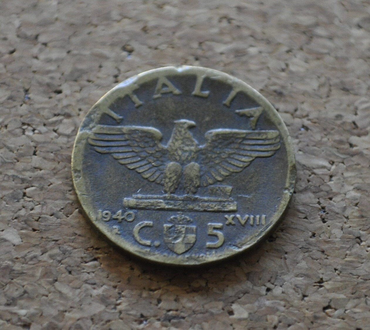 1940s 5 Cent Italian Coin - Victor Emmanuel III - WWII Era Italy Coin