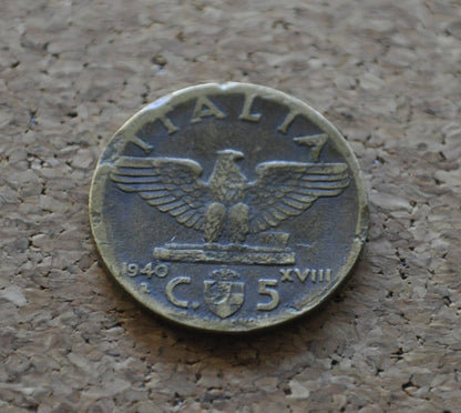 1940s 5 Cent Italian Coin - Victor Emmanuel III - WWII Era Italy Coin