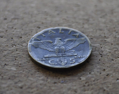 1940s 5 Cent Italian Coin - Victor Emmanuel III - WWII Era Italy Coin