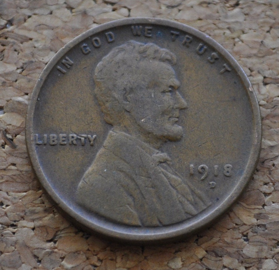 1918-D Wheat Penny - VG to F (Very Good to Fine) Grade / Condition - Denver Mint - WWI Era US Cent - 1918 D Wheat Ear Cent - 1918D