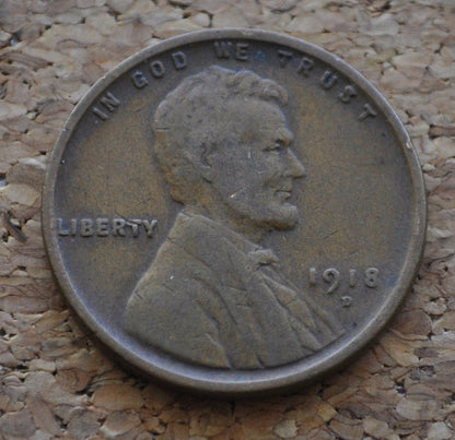 1918-D Wheat Penny - VG to F (Very Good to Fine) Grade / Condition - Denver Mint - WWI Era US Cent - 1918 D Wheat Ear Cent - 1918D