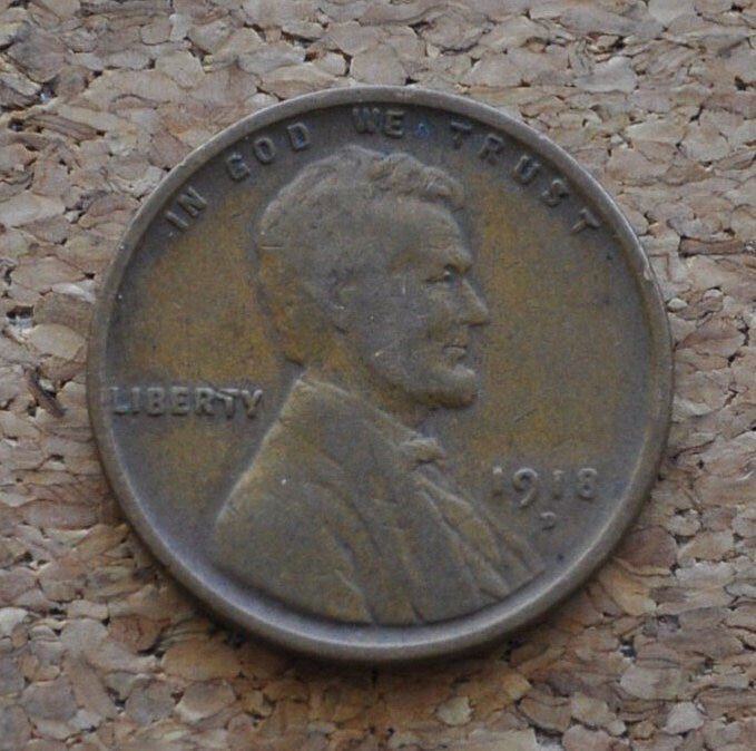 1918-D Wheat Penny - VG to F (Very Good to Fine) Grade / Condition - Denver Mint - WWI Era US Cent - 1918 D Wheat Ear Cent - 1918D