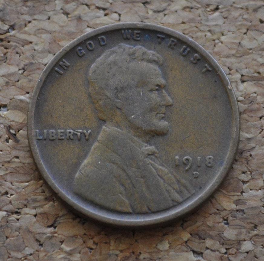 1918-D Wheat Penny - VG to F (Very Good to Fine) Grade / Condition - Denver Mint - WWI Era US Cent - 1918 D Wheat Ear Cent - 1918D