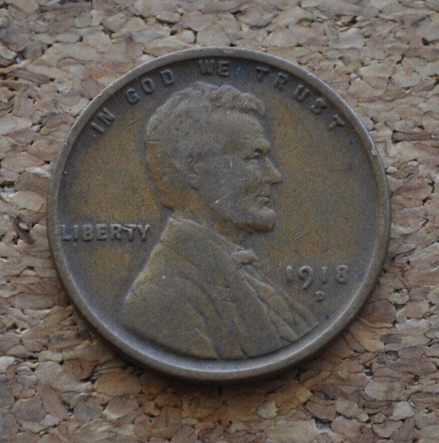1918-D Wheat Penny - VG to F (Very Good to Fine) Grade / Condition - Denver Mint - WWI Era US Cent - 1918 D Wheat Ear Cent - 1918D