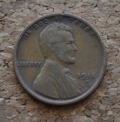 1918-D Wheat Penny - VG to F (Very Good to Fine) Grade / Condition - Denver Mint - WWI Era US Cent - 1918 D Wheat Ear Cent - 1918D