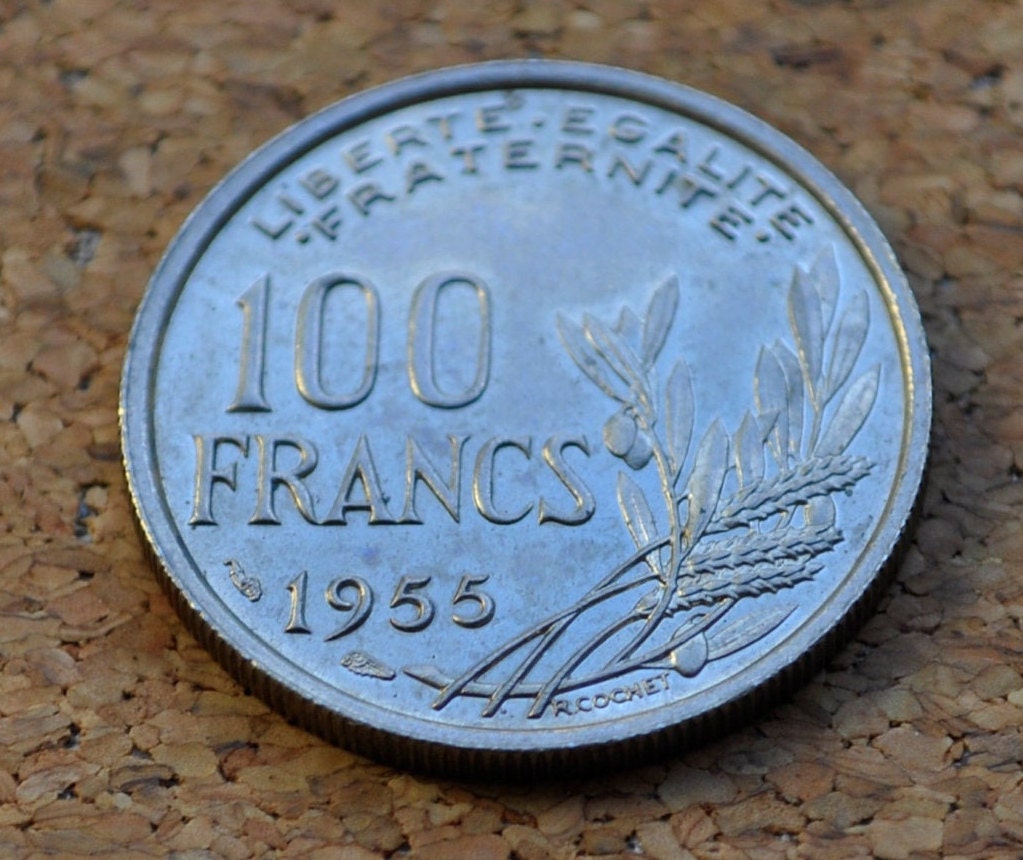 1955 French 100 Francs Coin - BU (Uncirculated) One Hundred Franc Coin 1955 France - Copper Nickel - Mint Luster - High Grade