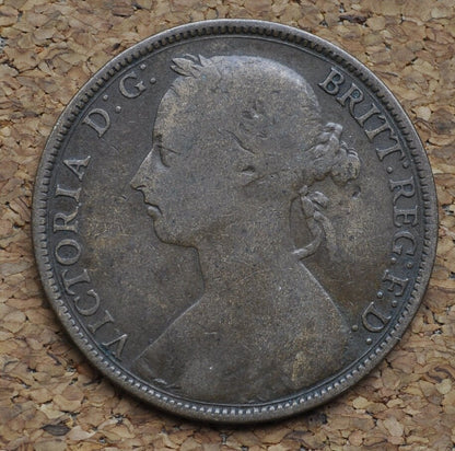 1888 Great Britain One Penny - F/VF - UK Large Penny 1888 - Queen Victoria 1 Penny - Bronze - UK penny Young Head 1888