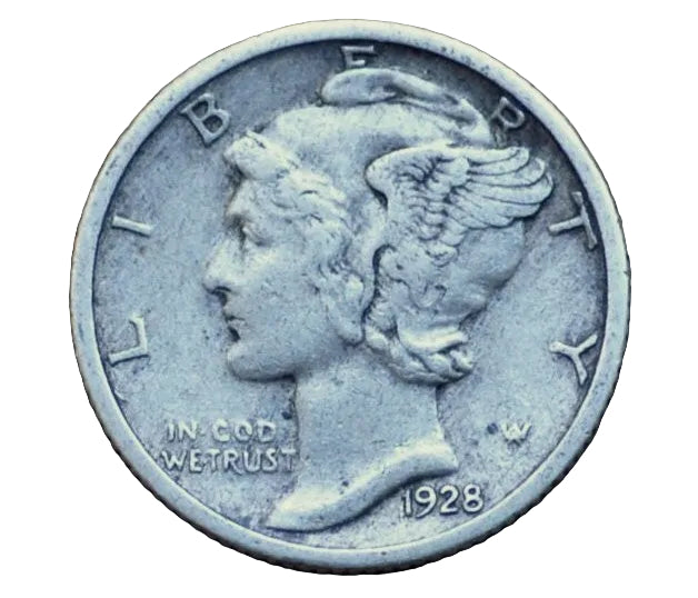 A 1928 US Silver Dime showing the profile of Lady Liberty on a white background.