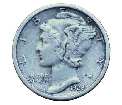 A 1928 US Silver Dime showing the profile of Lady Liberty on a white background.