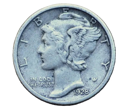 A 1928 US Silver Dime showing the profile of Lady Liberty on a white background.