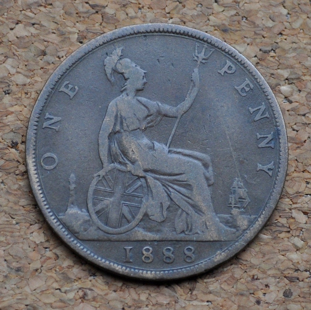 1888 Great Britain One Penny - F/VF - UK Large Penny 1888 - Queen Victoria 1 Penny - Bronze - UK penny Young Head 1888