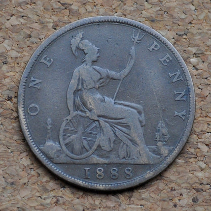 1888 Great Britain One Penny - F/VF - UK Large Penny 1888 - Queen Victoria 1 Penny - Bronze - UK penny Young Head 1888