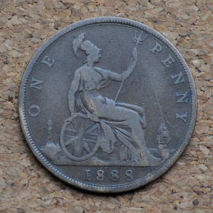 1888 Great Britain One Penny - F/VF - UK Large Penny 1888 - Queen Victoria 1 Penny - Bronze - UK penny Young Head 1888