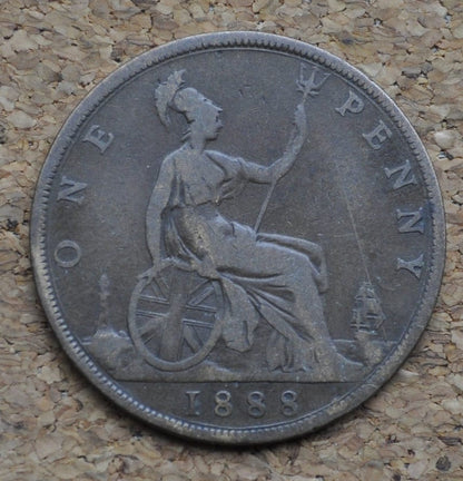 1888 Great Britain One Penny - F/VF - UK Large Penny 1888 - Queen Victoria 1 Penny - Bronze - UK penny Young Head 1888