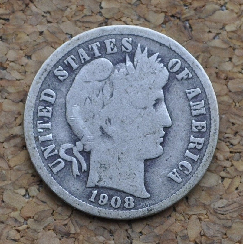 1908-S Barber Silver Dime - G (Good) Condition - San Francisco Mint - 1908 S Liberty Head Dime Barber 1908 S Mint Mark Dime Silver