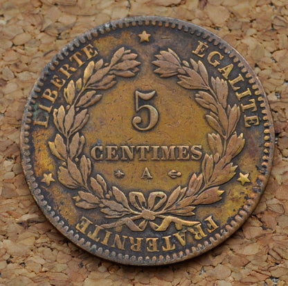 1876 French 5 Centimes Coin- 5 Centimes 1876 France - Very Fine Condition - Great Old French Coin 1876-A, Paris