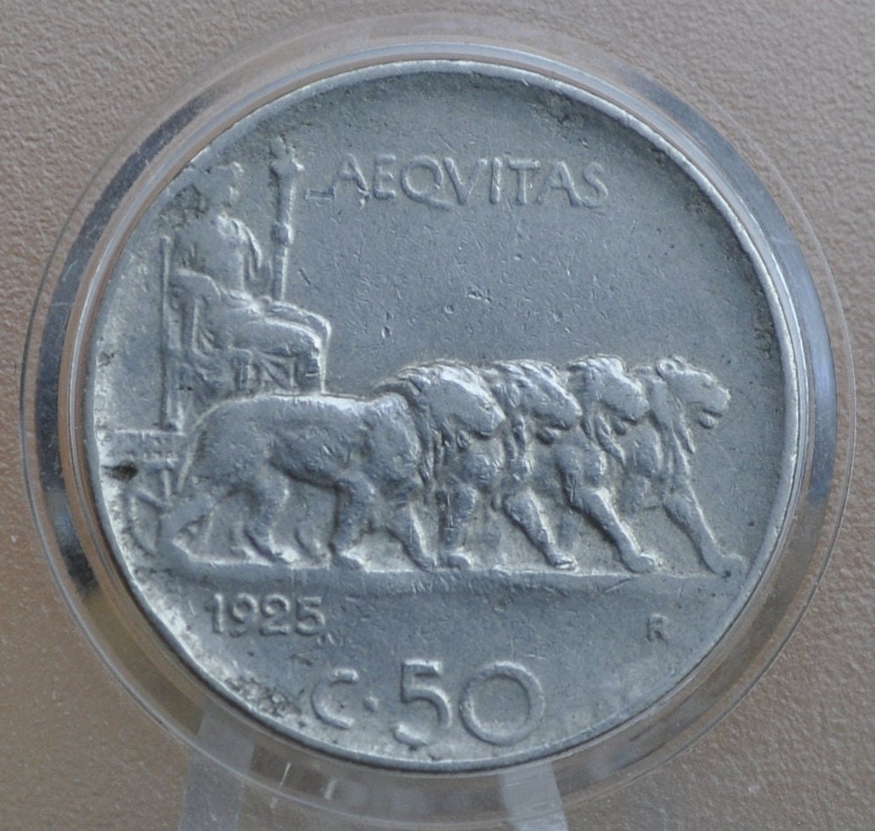 1919-1925 Italian 50 Centesimi Coin - Reeded Edge - Vittorio Emanuele - C.50 - Very Fine Detail, some dents; Low mintage - Italy 50 Cent