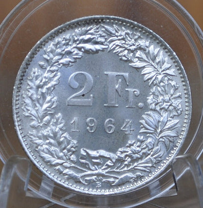 1964 B Swiss 2 Franc 83.5% Silver Coin - MS63 Choice Uncirculated Grade - 1964 B Switzerland Two Franc Silver - Helvetica 1964B Specimen