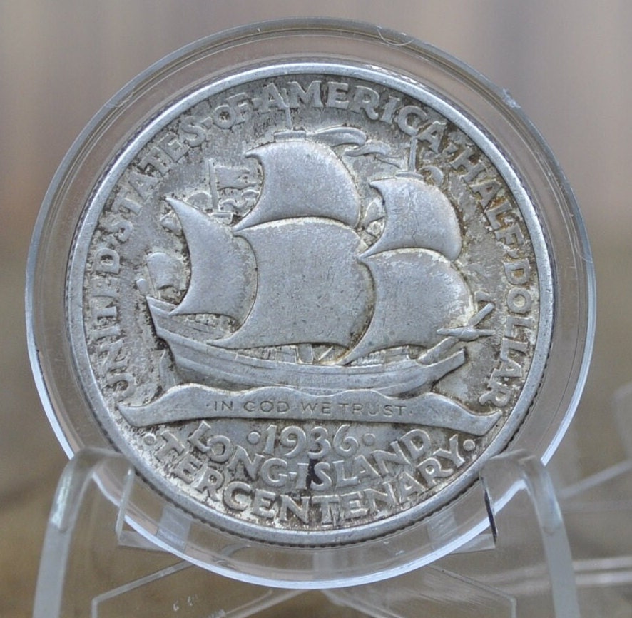 Authentic 1936 Long Island Tercentenary Silver Half Dollar - MS60+ (Uncirculated), Toned - Long Island Commemorative Half Dollar 1936