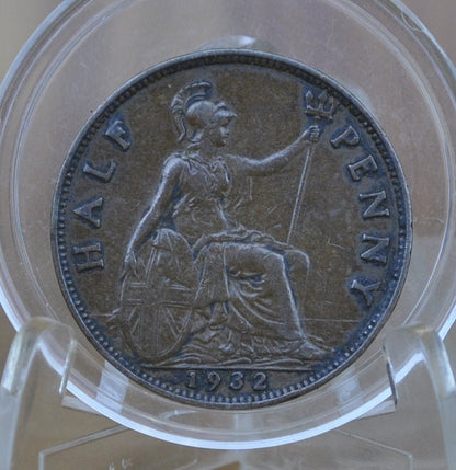 1932 Great Britain Half Penny - XF (Extremely Fine) Condition - UK Half Penny 1932 - King George 1/2 Penny Bronze - ha'penny 1932