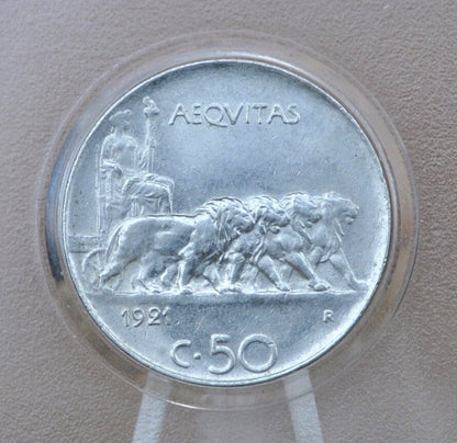 1919-1925 Italian 50 Centesimi Coin - Reeded Edge - Vittorio Emanuele - C.50 - Very Fine Detail, some dents; Low mintage - Italy 50 Cent