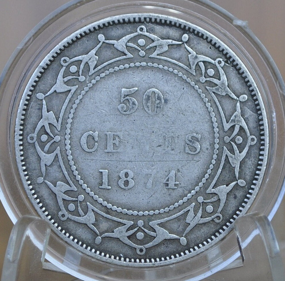 1874 Newfoundland 50 Cent Coin - F (Fine) Grade / Condition - Low Mintage Coin - Fifty Cents Newfoundland 1874 - Queen Victoria