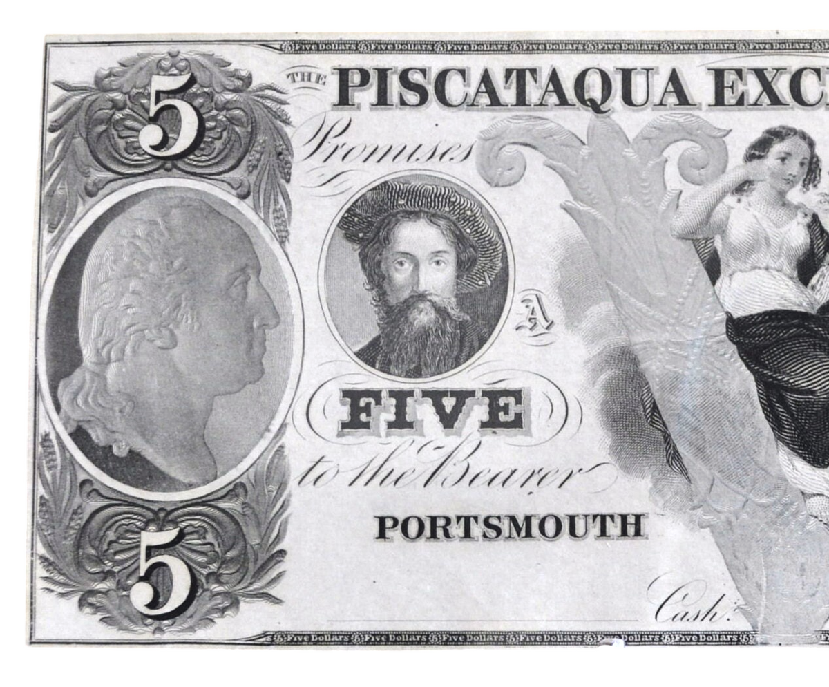1850s Piscataqua Exchange Bank 5 Dollar New Hampshire Obsolete Banknote - Uncirculated Remainder - 1800s Portsmouth NH Five Dollar Note