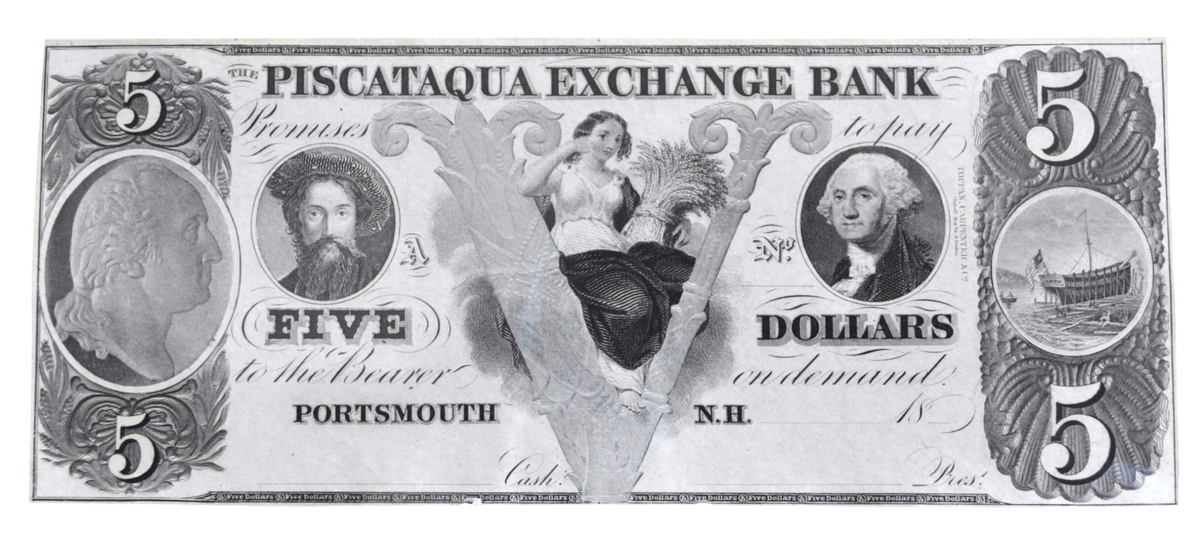 1850s Piscataqua Exchange Bank 5 Dollar New Hampshire Obsolete Banknote - Uncirculated Remainder - 1800s Portsmouth NH Five Dollar Note
