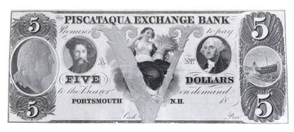 1850s Piscataqua Exchange Bank 5 Dollar New Hampshire Obsolete Banknote - Uncirculated Remainder - 1800s Portsmouth NH Five Dollar Note