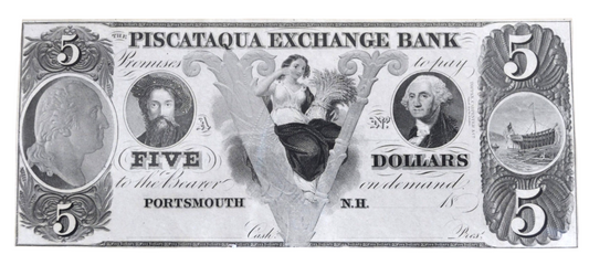 1850s Piscataqua Exchange Bank 5 Dollar New Hampshire Obsolete Banknote - Uncirculated Remainder - 1800s Portsmouth NH Five Dollar Note