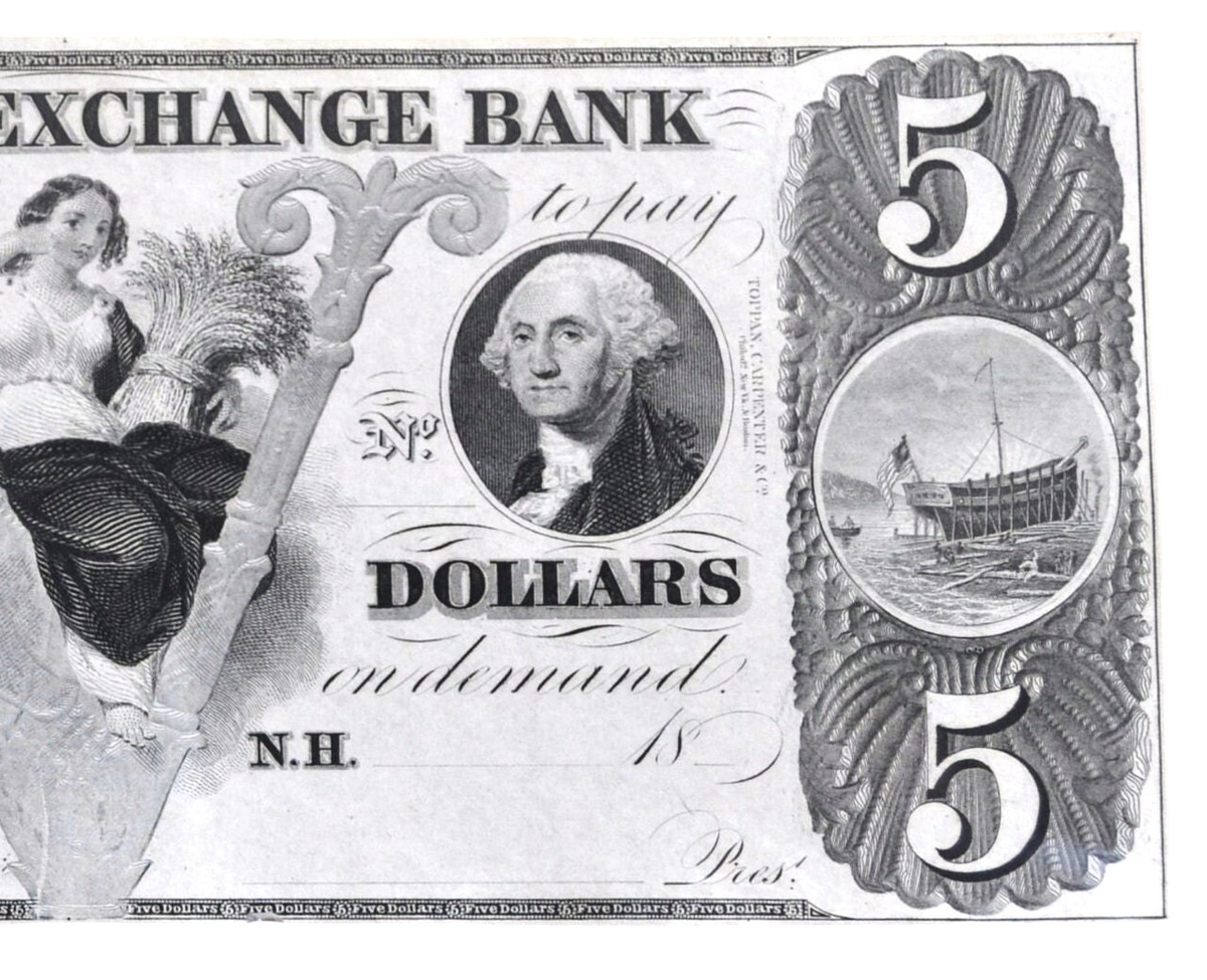1850s Piscataqua Exchange Bank 5 Dollar New Hampshire Obsolete Banknote - Uncirculated Remainder - 1800s Portsmouth NH Five Dollar Note