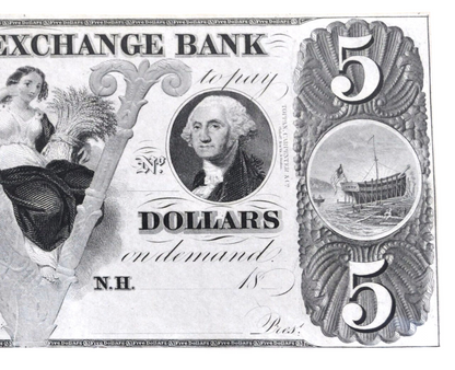 1850s Piscataqua Exchange Bank 5 Dollar New Hampshire Obsolete Banknote - Uncirculated Remainder - 1800s Portsmouth NH Five Dollar Note