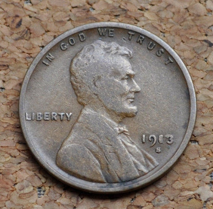 1913-S Wheat Penny - Vg - F (Very Good To Fine) - 1913 S Wheat Ear Cent - San Francisco Mint - Wheat Ear Cent 1913 S - Semi-Key Date